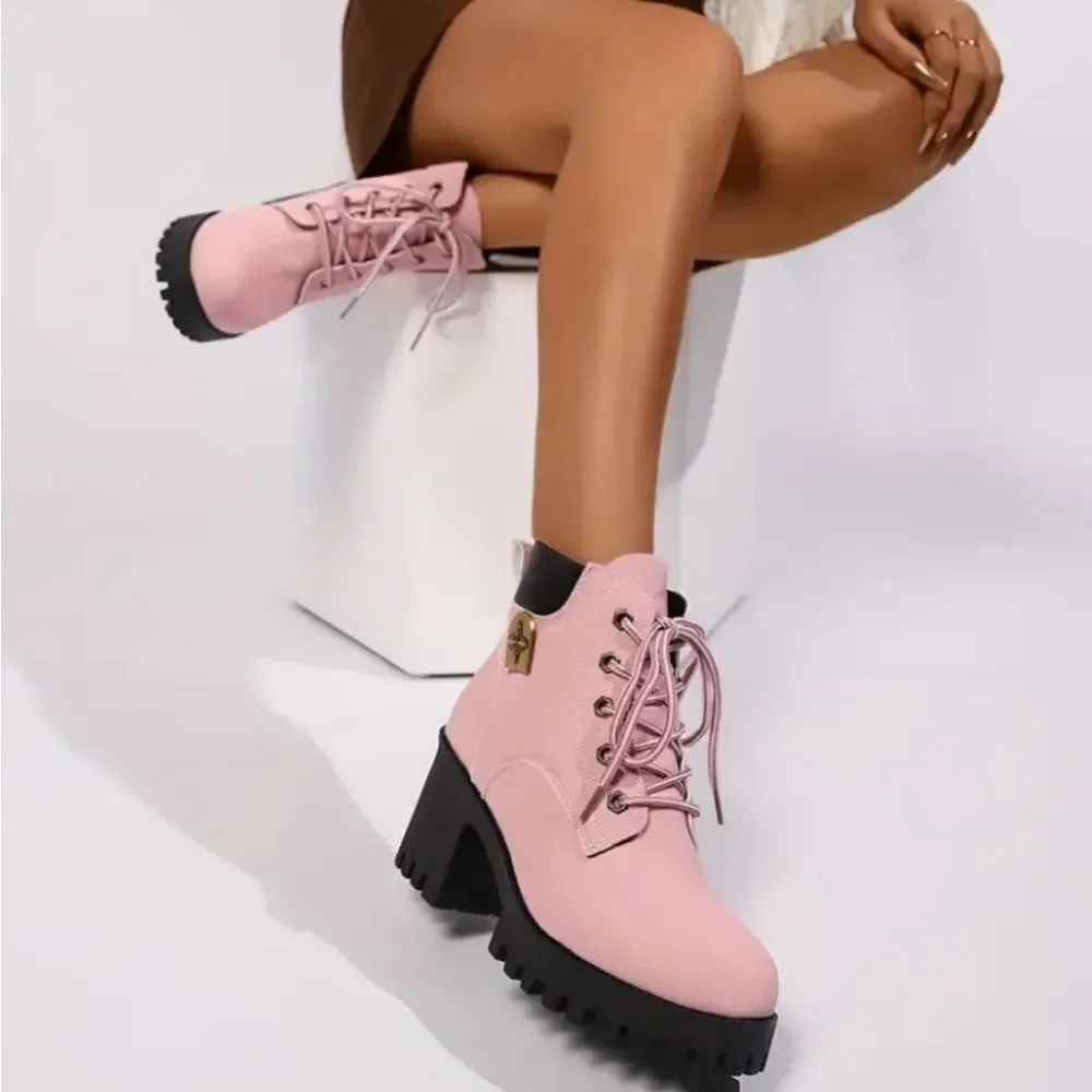Ladies pink chunky heel lace up boots sz 8